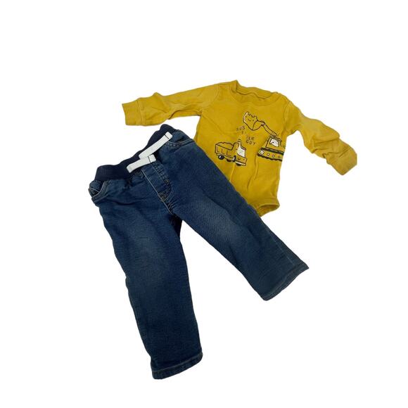Carter's Boys Long Sleeve Yellow Graphic Bodysuit & Jeans Outfit Size 12 Months - Picture 1 of 10
